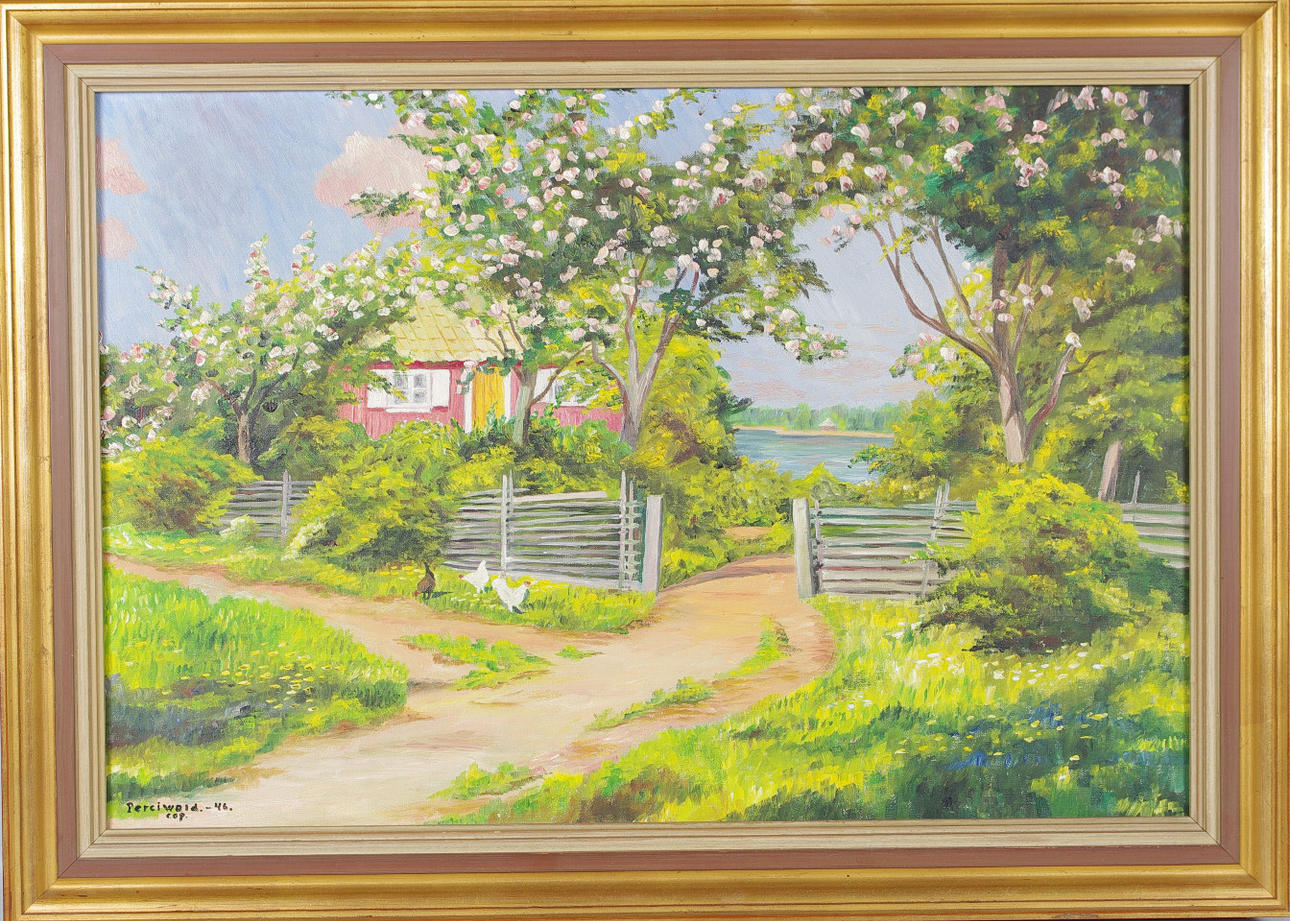 PERCIWALD. Hus i skogsglänta, olja på duk, signerad Perciwald 46 kop.