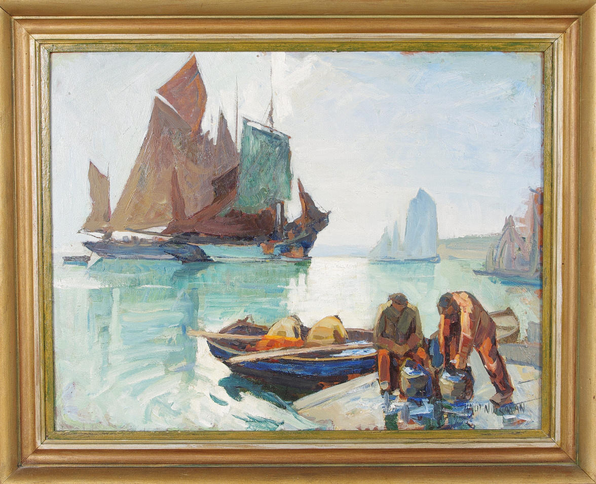 KNUT NORMAN. Fiskrensare, olja på pannå, signerad.