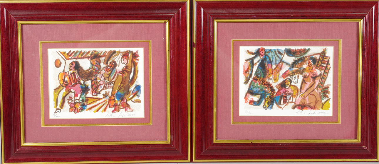 OKÄND KONSTNÄR. Kompositioner med figurer, 2 stycken, färglitografier, otydligt signerade.