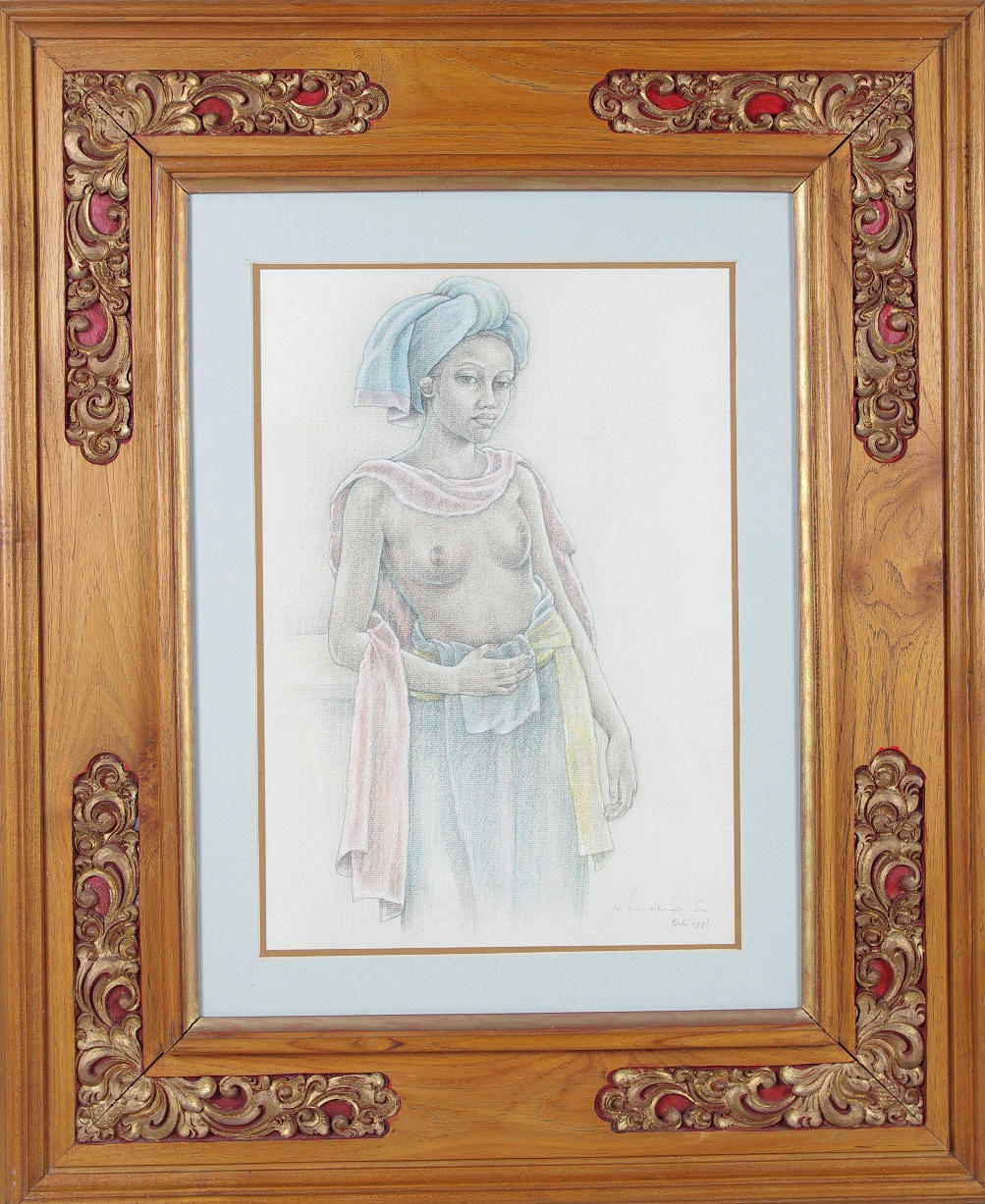 GRAFISKT BLAD I TRÄRAM, kvinna, Bali 1991.