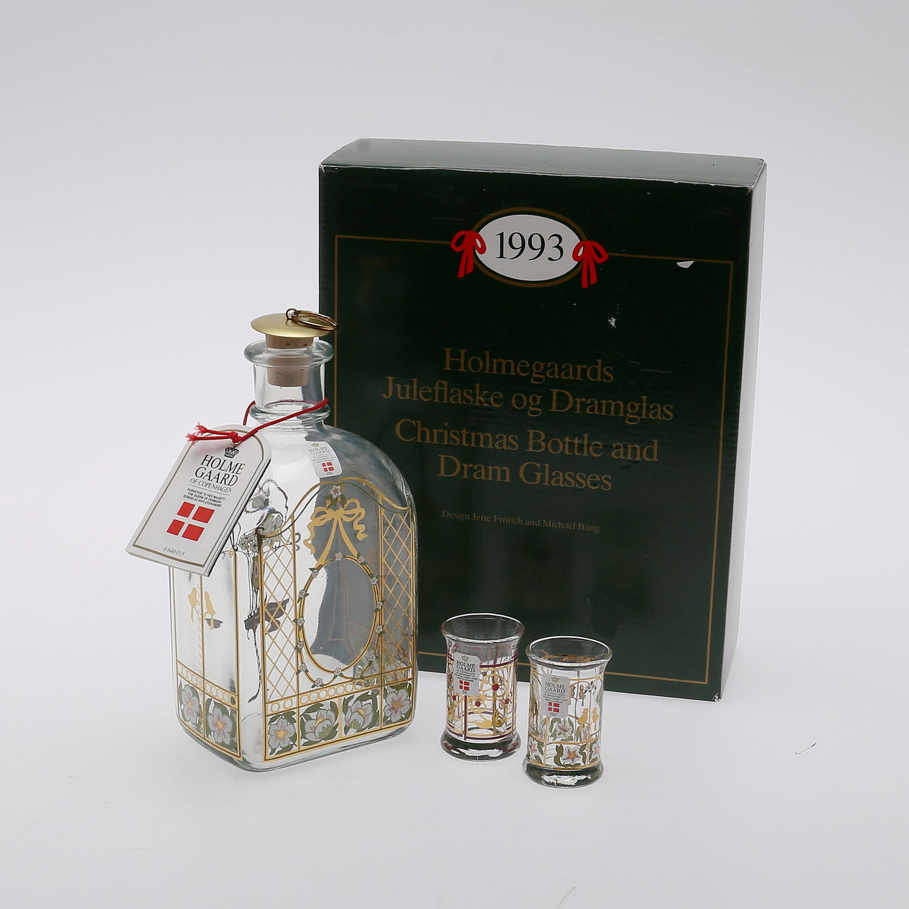 Snapseflaske med 6 glas, Holmegaard, Danmark.