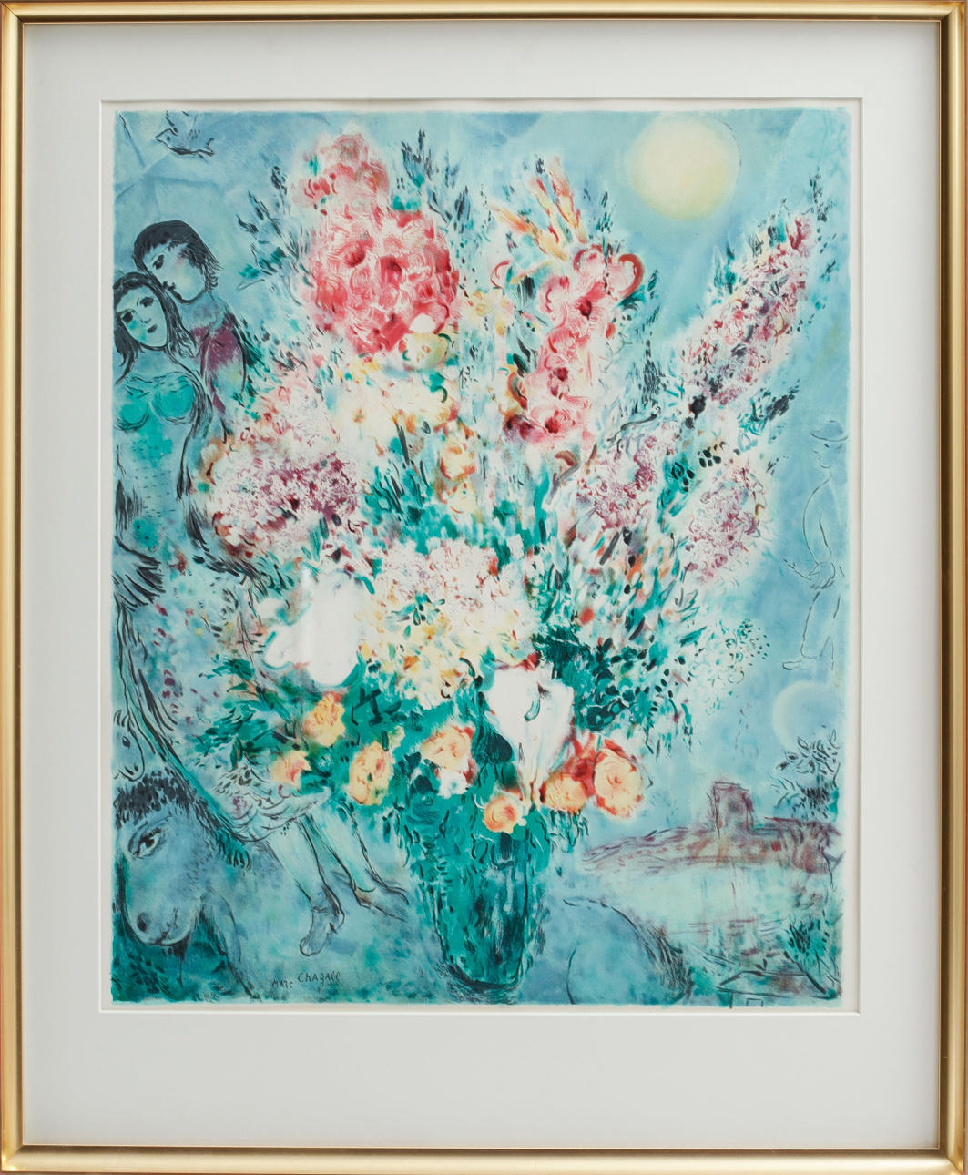 MARC CHAGALL. After. Still life with flowers and figures, color lithograph, signed in the print.