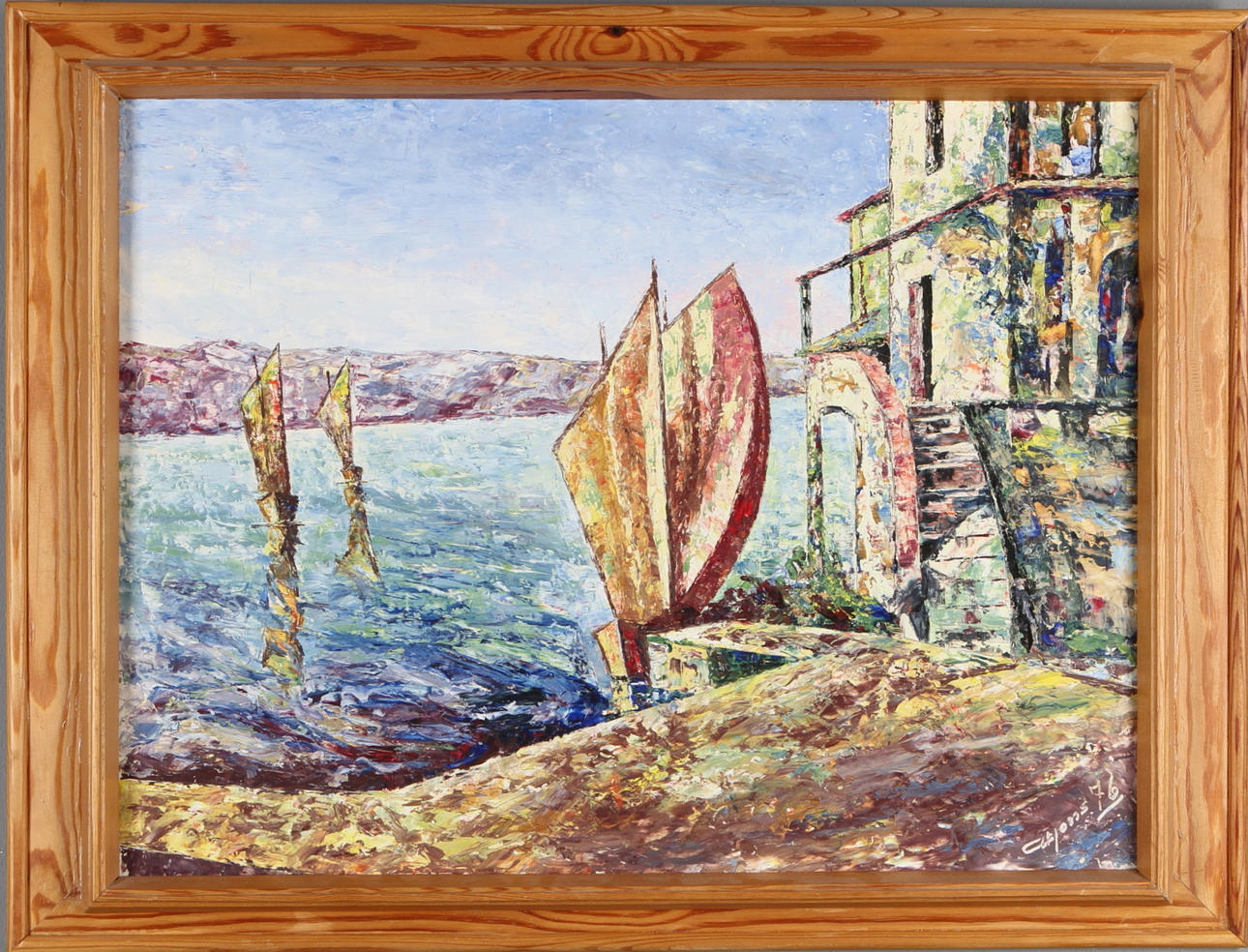 JAN SIGFRID ALFONS CARLSSON. Hamn med segelbåtar, olja på papp, signerad och daterad -76.