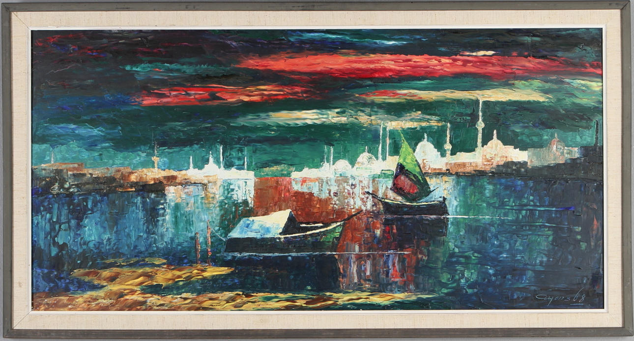 JAN SIGFRID ALFONS CARLSSON. Hamnstad med båtar, olja på pannå, signerad.