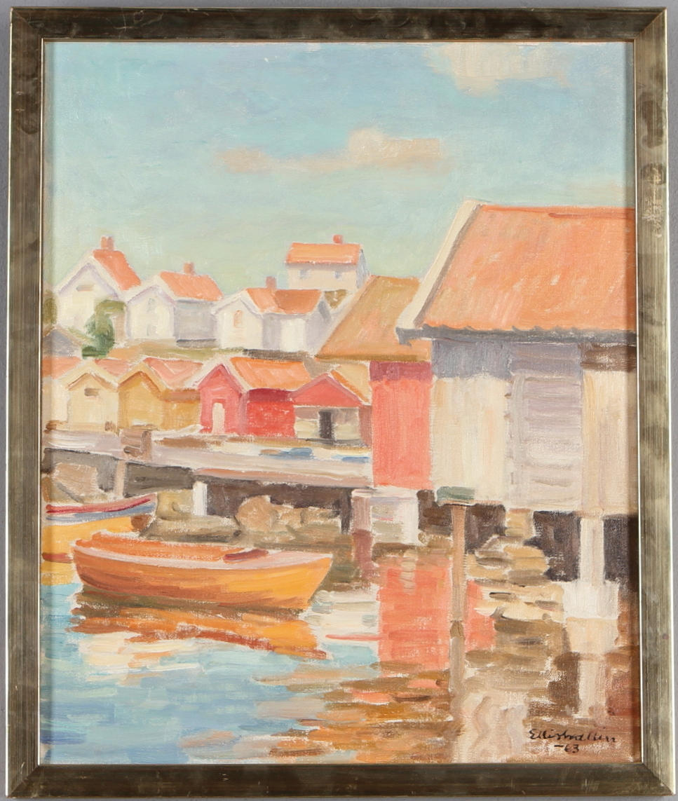ELLIS WALLIN. Båt och sjöbodar, olja på duk, signerad och daterad -63.