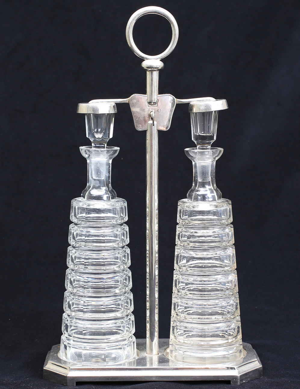 FLASKSTÄLL, Nysilver, 2 flaskor, ca 1920-30 tal.