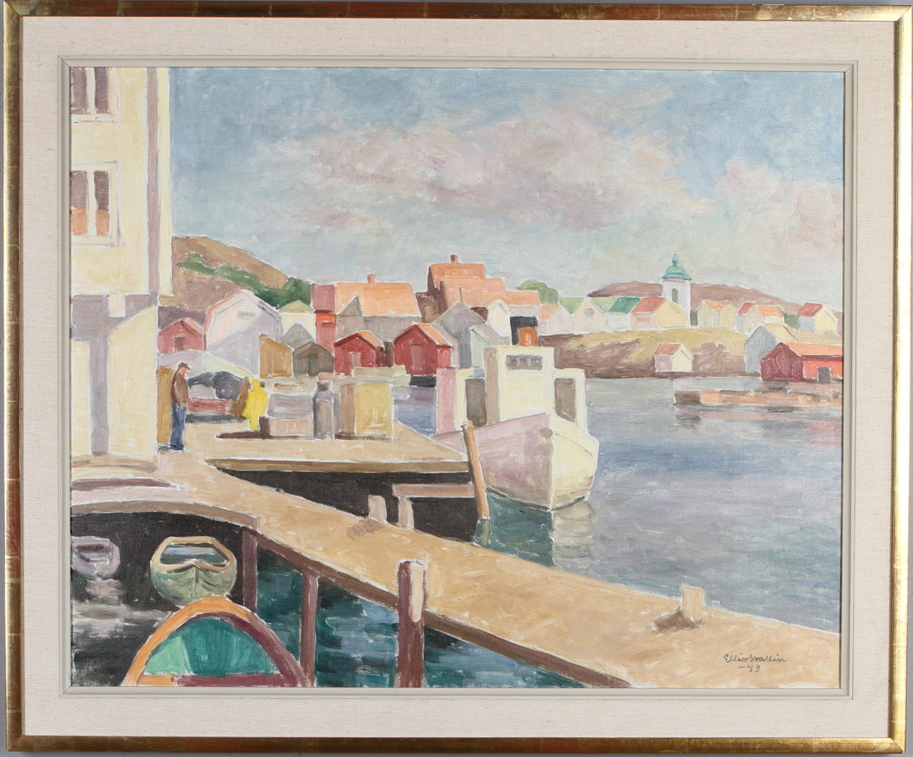 ELLIS WALLIN. "Gamla långbryggan - Grundsund", olja på duk, signerad och daterad -49.