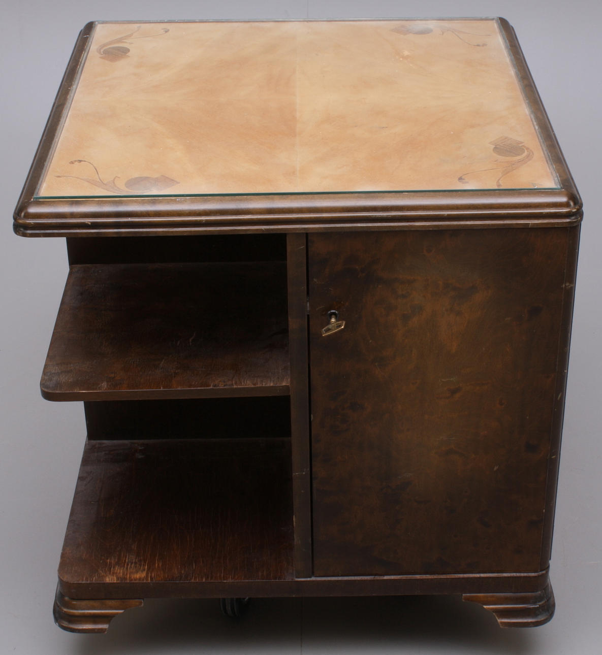 RÖKBORD, trä/intarsia, glasskiva, 1920-1940-tal.