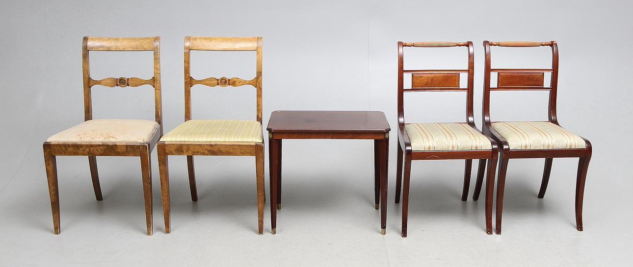 STOLAR, 2 par, samt LAMPBORD, empirstil, 1900-tal.