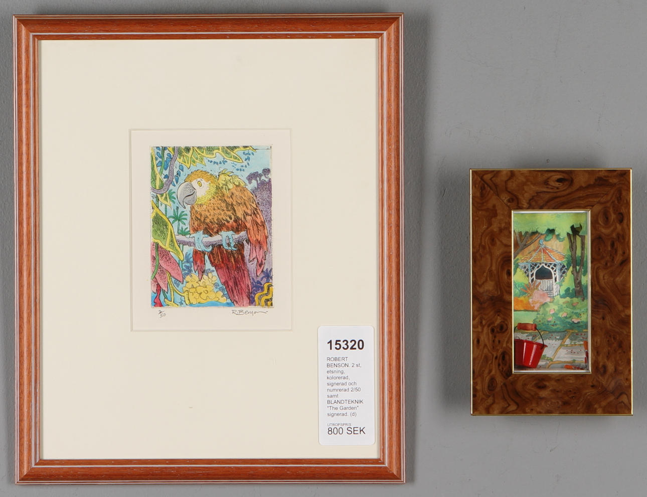 ROBERT BENSON. 2 st, etsning, kolorerad, signerad och numrerad 2/50 samt BLANDTEKNIK "The Garden" signerad.