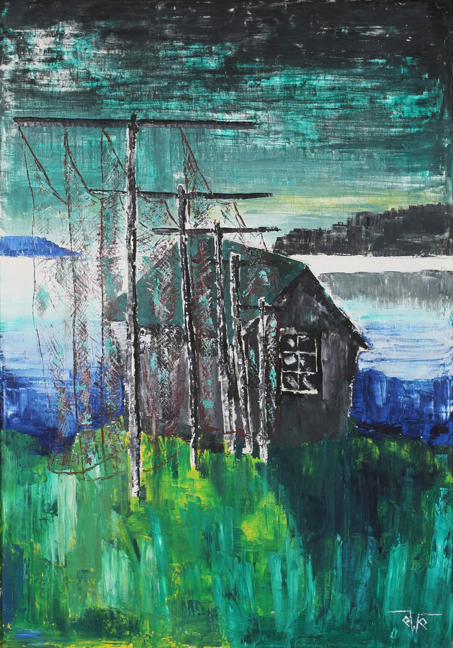 ERIC WESTERLIND. "Boathouse", oil on canvas, monogram signed.