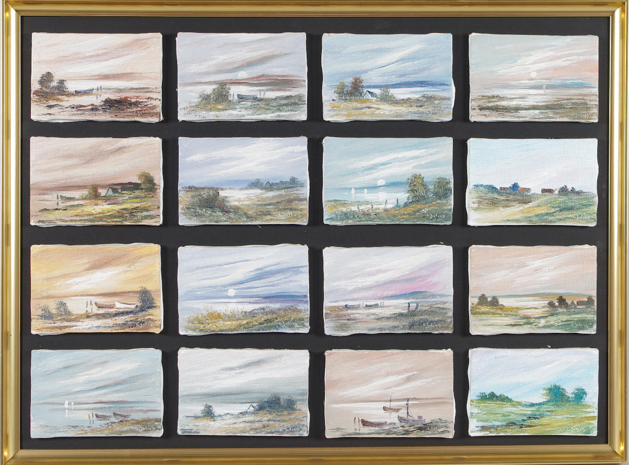 CARL JULIUS. Collage av 16 oljemålningar, signerade.