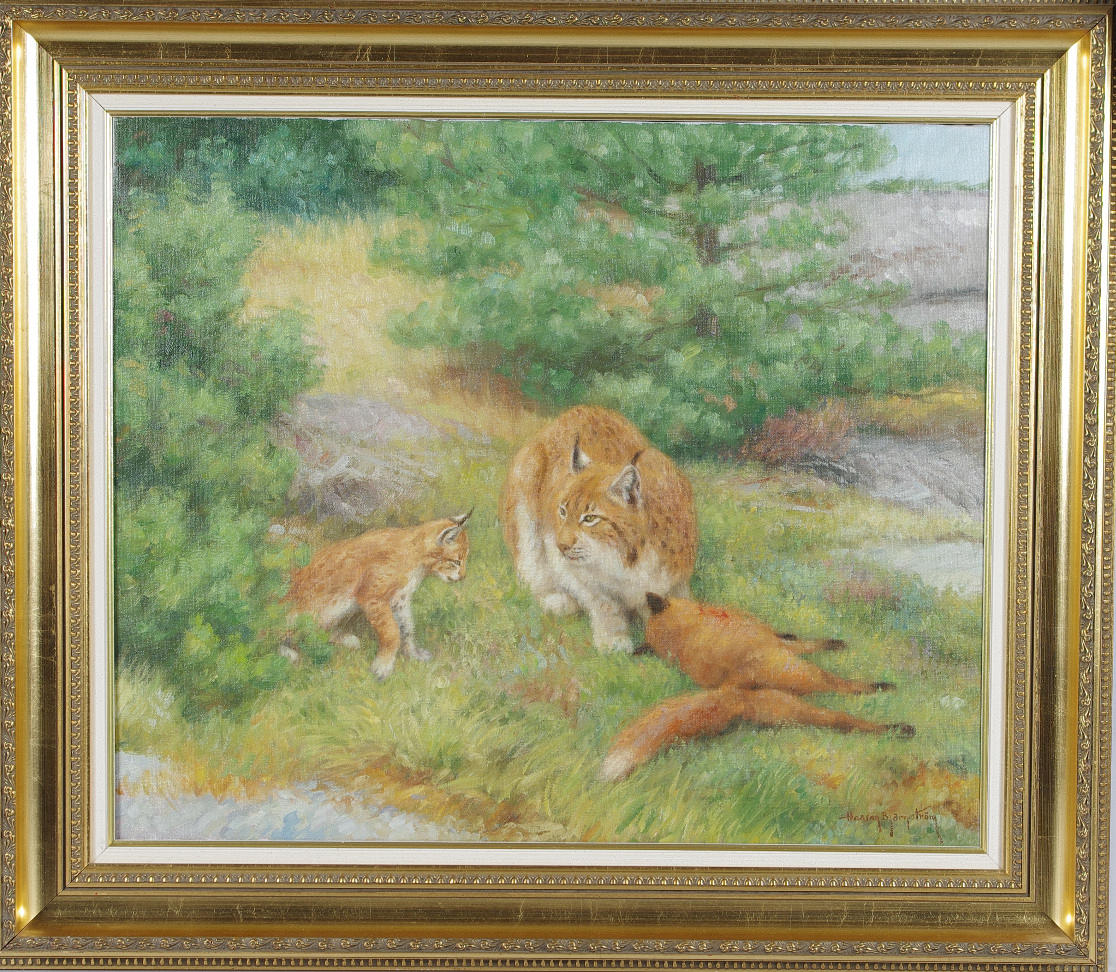 HASSAN BJÖRNSTRÖM. Lodjur med byte, olja på duk, signerad.