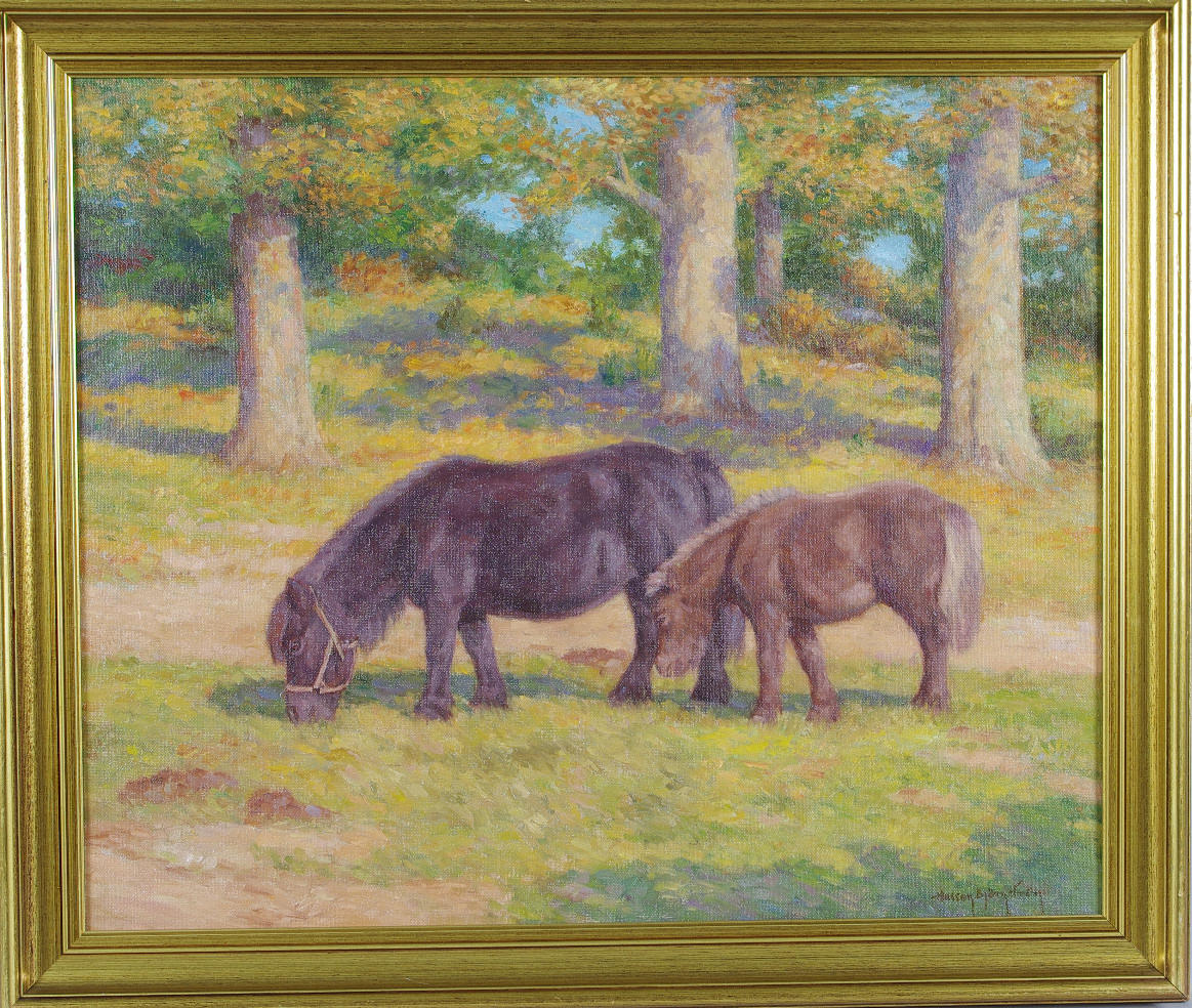 HASSAN BJÖRNSTRÖM. "Shetlandsponnies en brittsommardag", olja på duk, signerad.