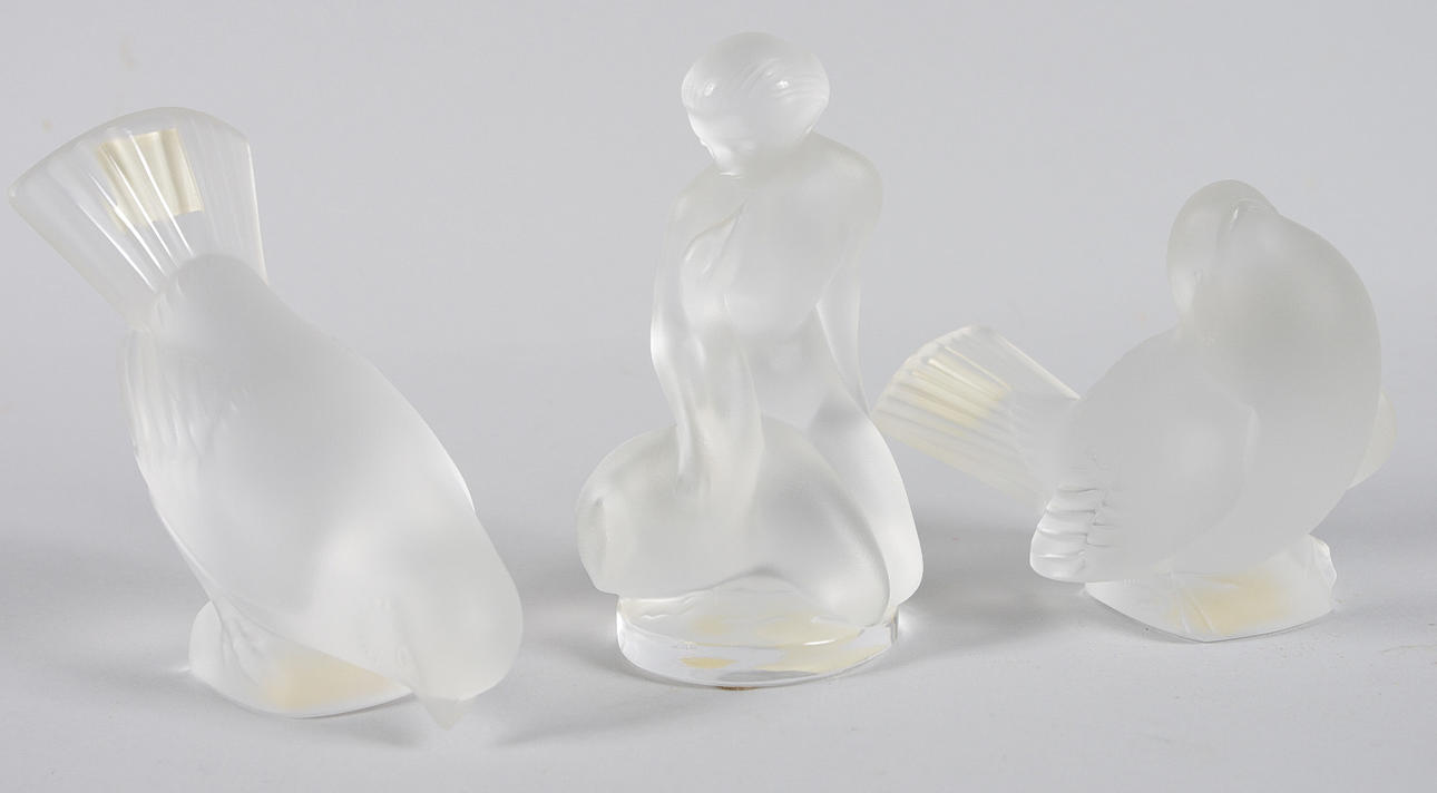 GLASSKULPTURER, 3 stycken, Lalique.