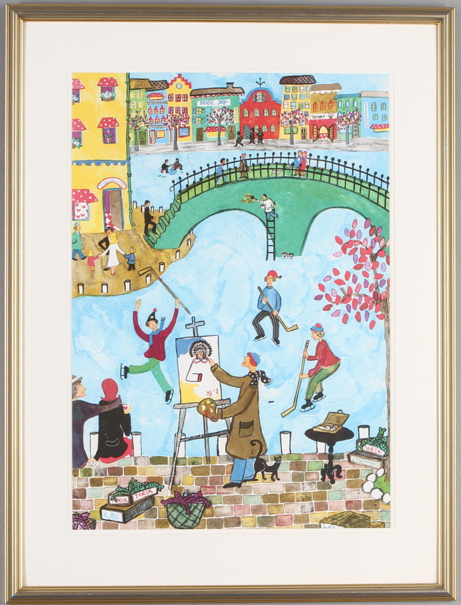 MARIKA LANG. Konstnär vid vatten, färglitografi, signerad samt numrerad 138/250.