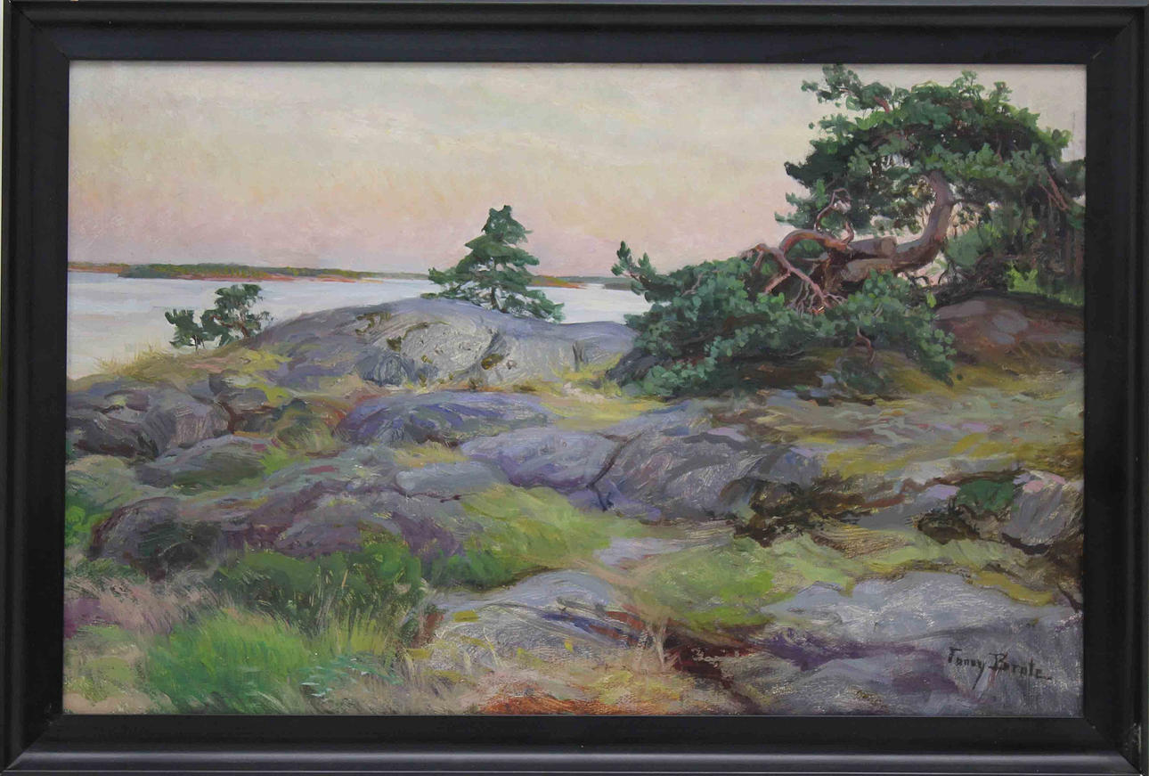 FANNY BRATE. Klipphällar, Stockholms skärgård. Olja på duk. Signerad.