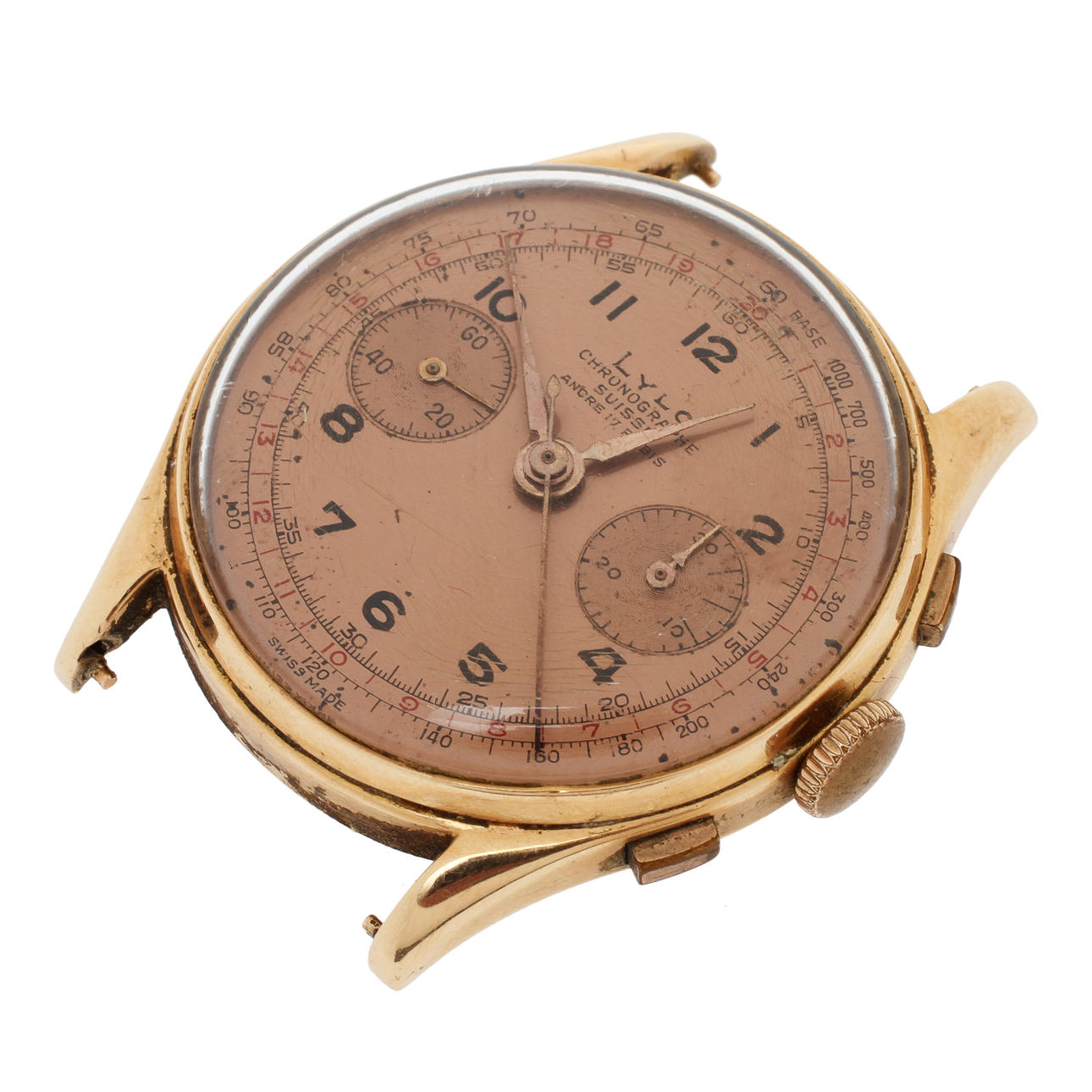 HERRARMBANDSUR, Lylo, mekanisk, chronographe, 18k guld samt plätering, 1950/60-tal, bruttovikt 34,8g.
