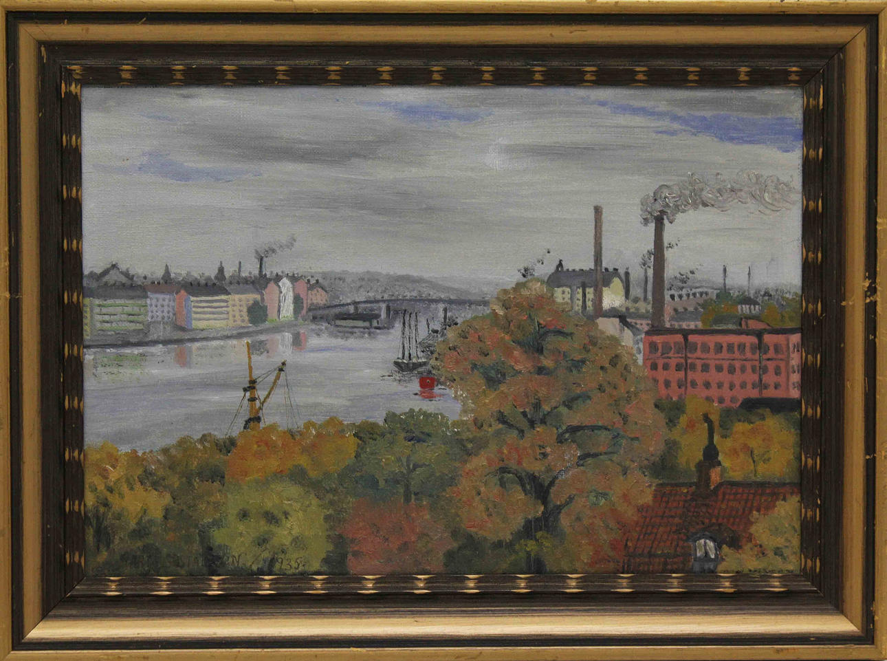 MÄRTA GUSTAFSON-BROBERG. Utsikt från Liljeholmen med Liljeholmsbron. Olja på duk. Signerad Märta Gustafson 1935.