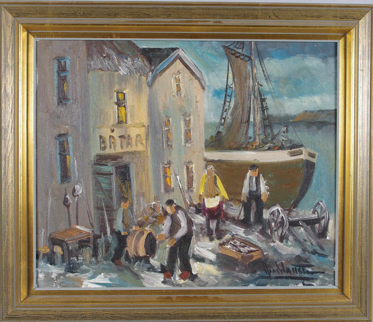 ARNE WALLSTEN. Fiskehamn, olja på duk, signerad.