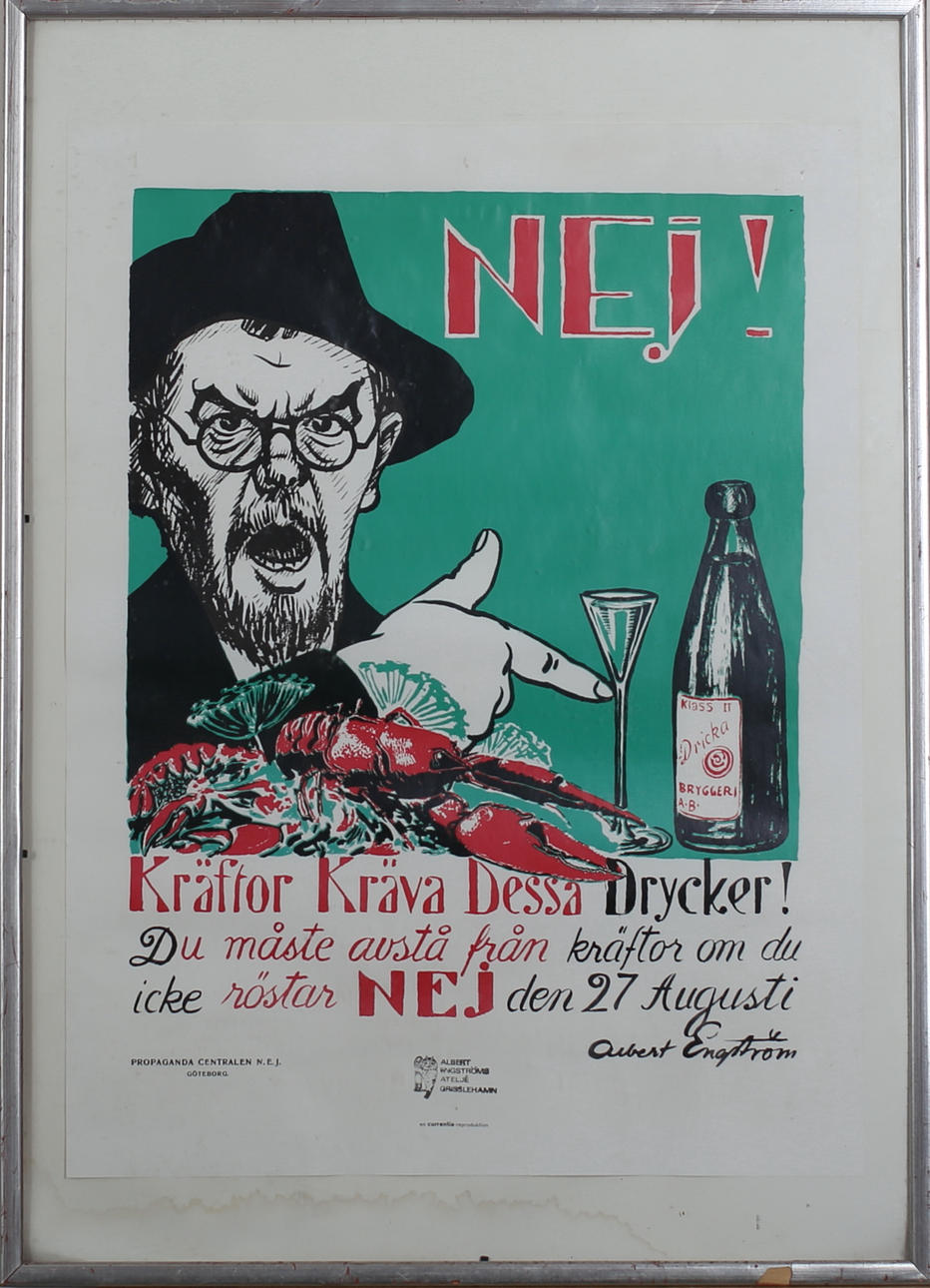 ALBERT ENGSTRÖM. Nej! Kräftor kräva dessa Drycker!.. etc. Färglitografiskttryck. Signerad i tryck.