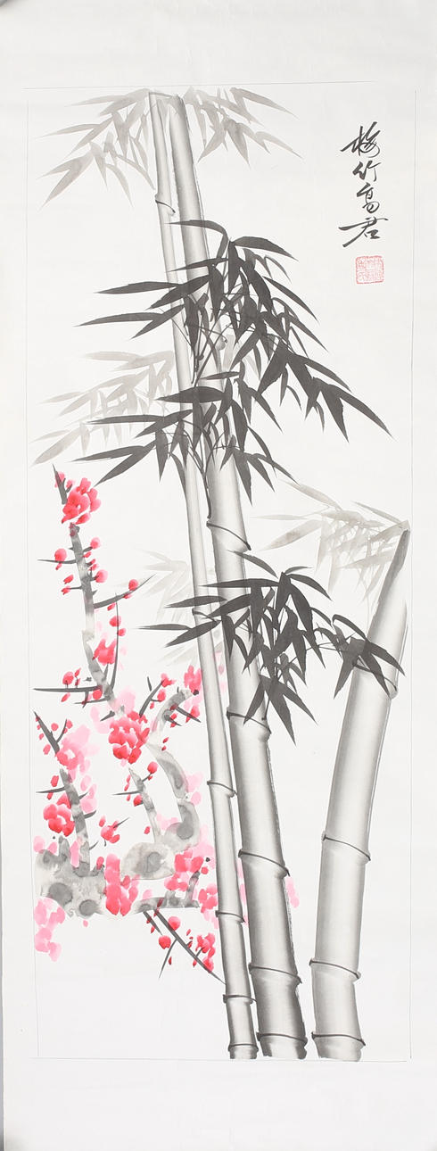 RULLMÅLNING. Kina. Bambu. Tryck. Signerad. 1900-talets mitt.