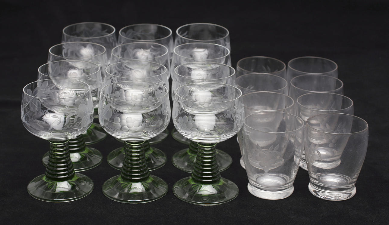 GLASSERVIS 12 Remmare, 6 selterglas,1900-tal.