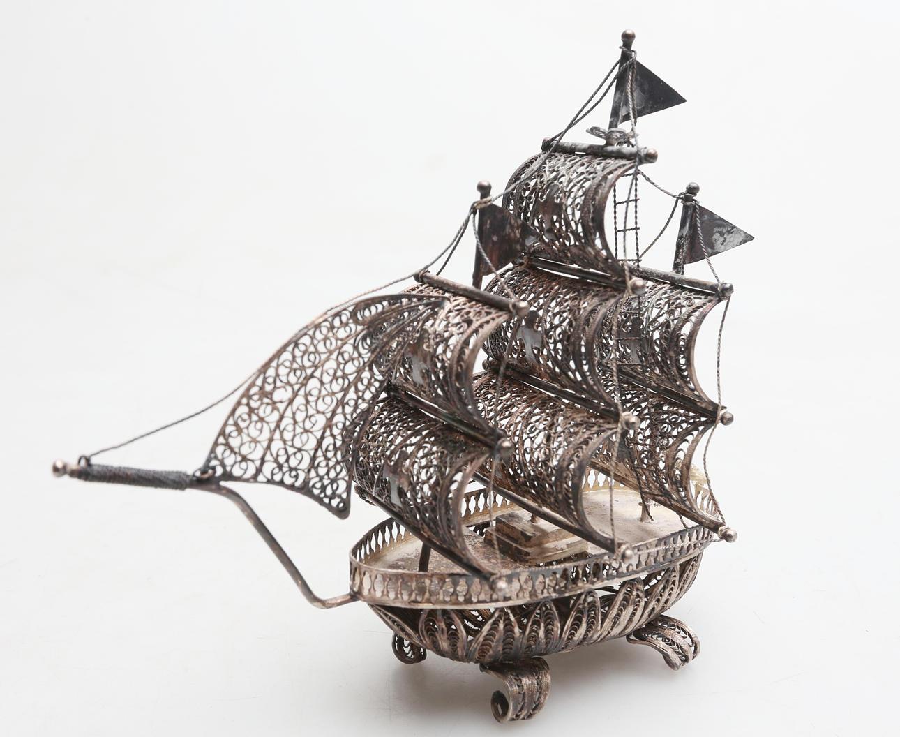 MINIATURE SHIP of metal wires, possibly silver filigree, 20th