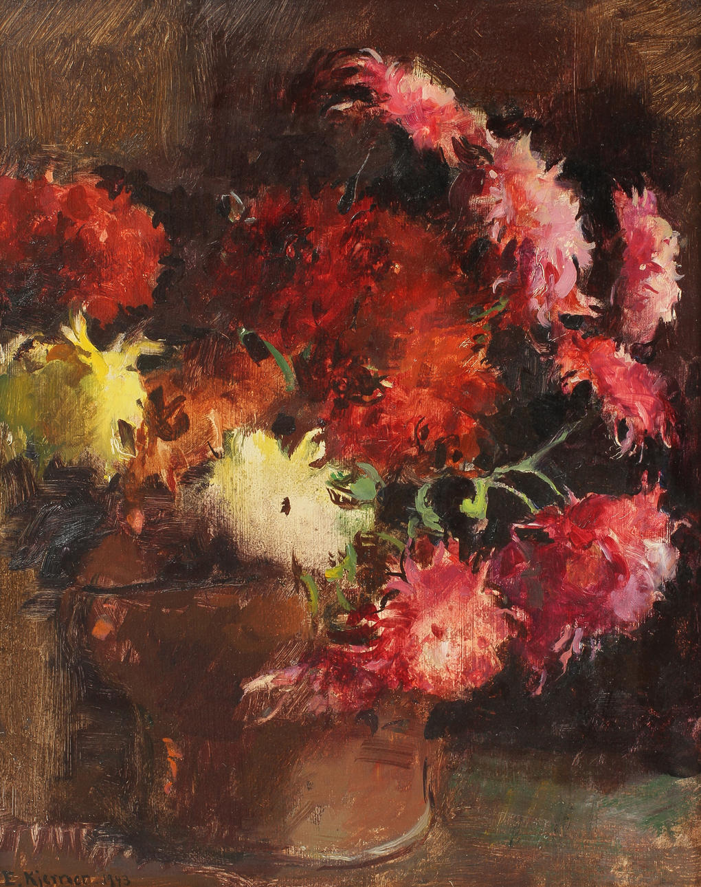 ESTHER KJERNER. Olja på pannå, signerad E Kjerner 1943.