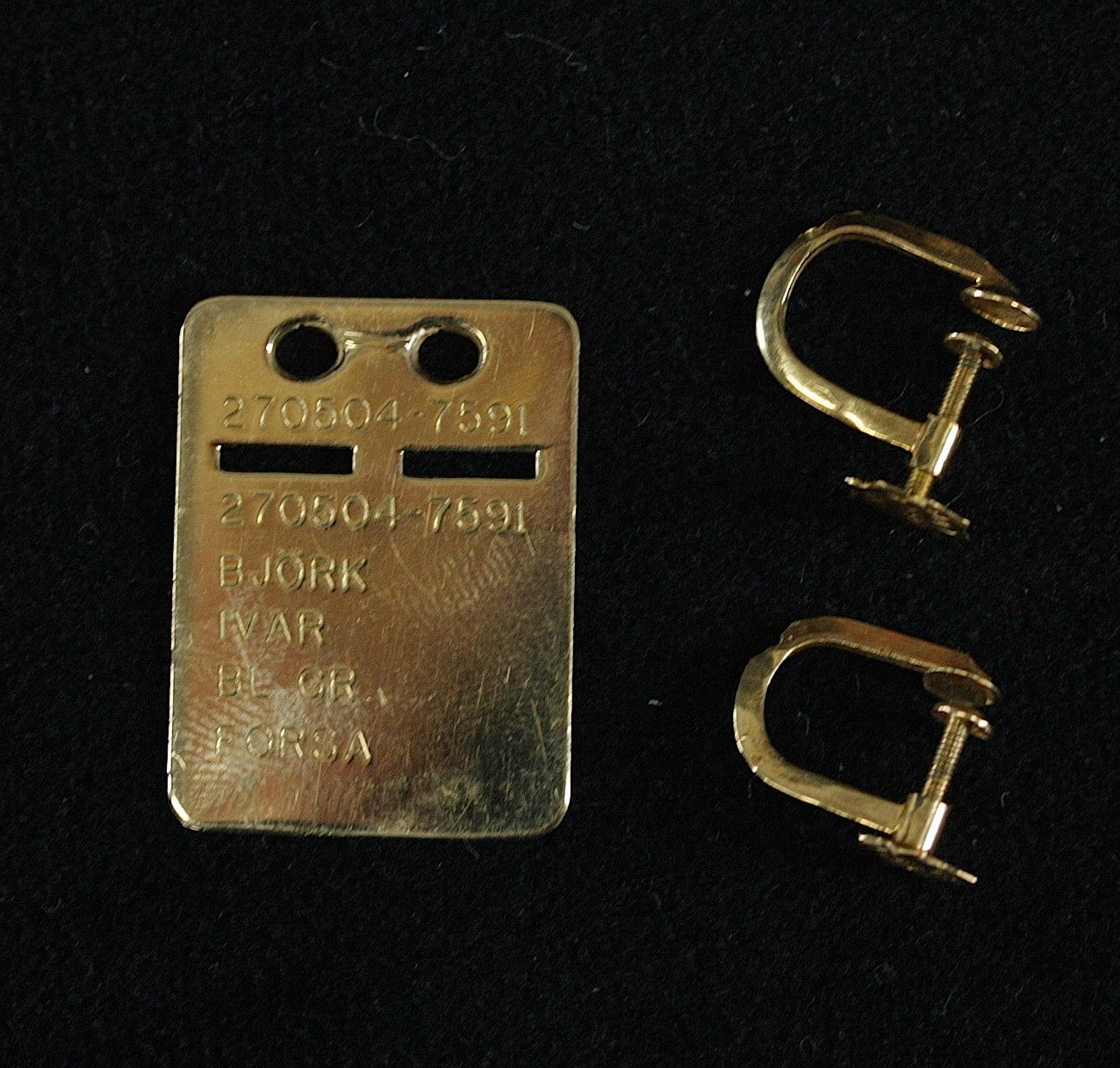 IDENTITETSBRICKA, ÖRHÄNGEN, 18K guld, vikt 3,1 gram.