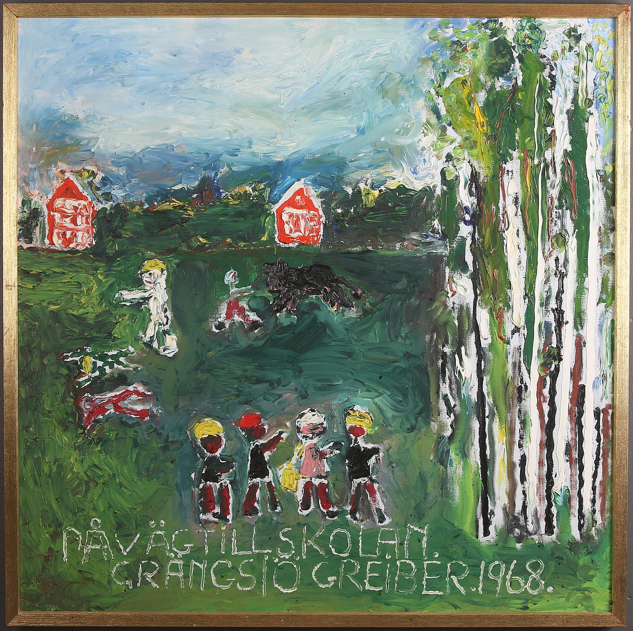GUNNAR GREIBER. "På väg till skolan", olja på duk, signerad och daterad 1968.