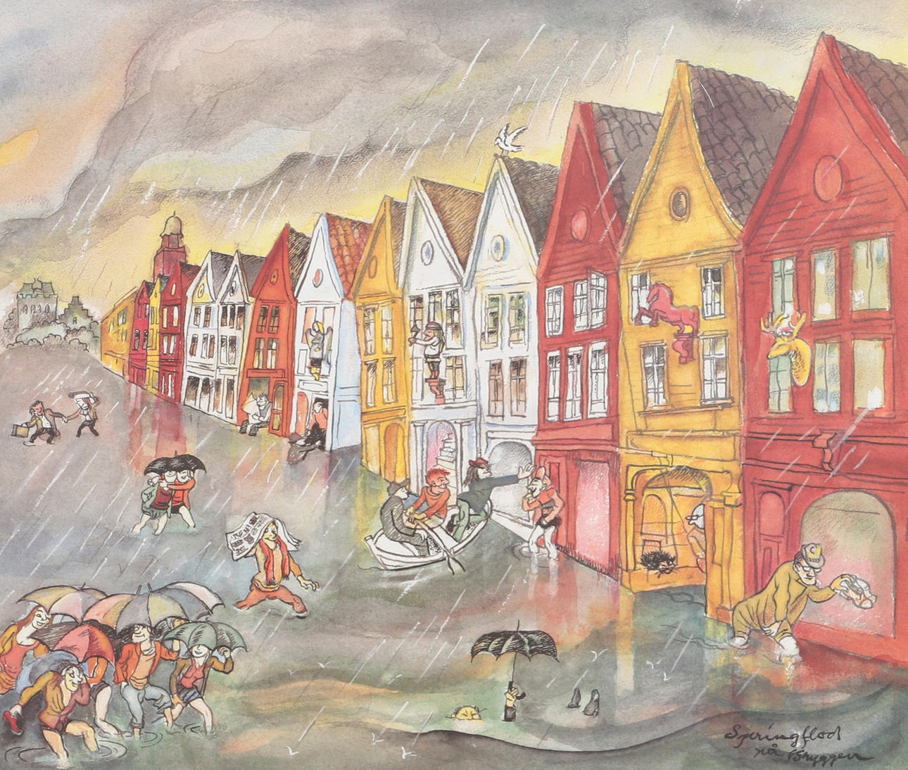 AUDUN HETLAND. "Springflod på Bryggen", handsigniert tryck.