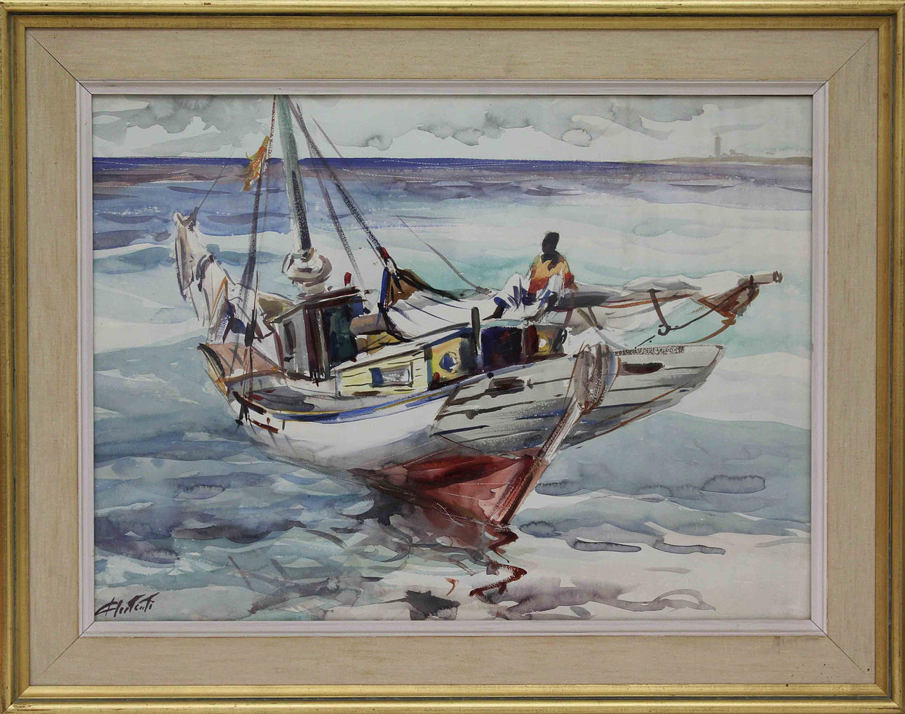 OKÄND KONSTNÄR. Segelbåt i södern. Akvarell. Signerad. 1900-talet.