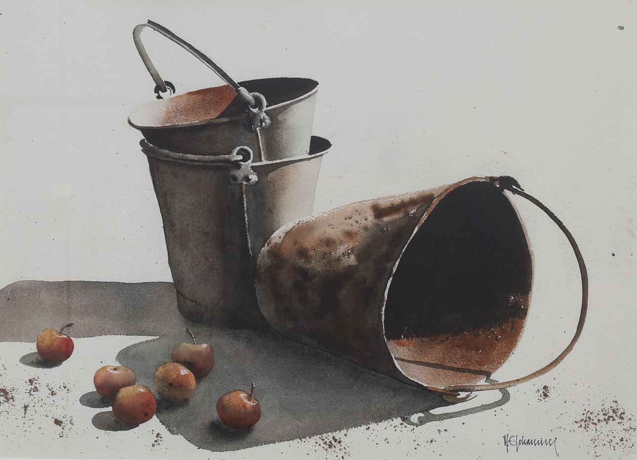 NILS ERIK JOHANSSON. Aquarell, Apfeleimer, signiert.