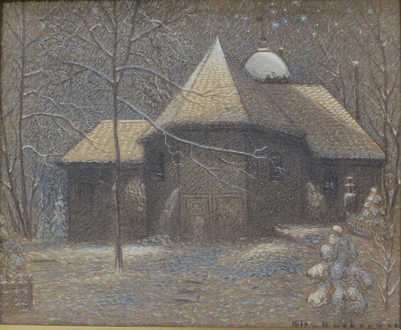 NILS HUSBERG. Tavla hus olja på pannå.