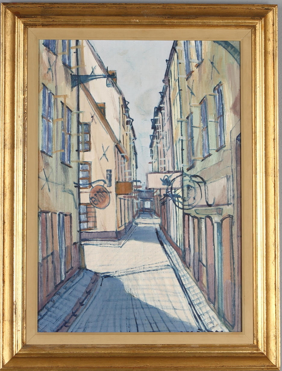 BIRGER ÖBERG. Gåsgränd Stockholm, olja på duk, signerad.