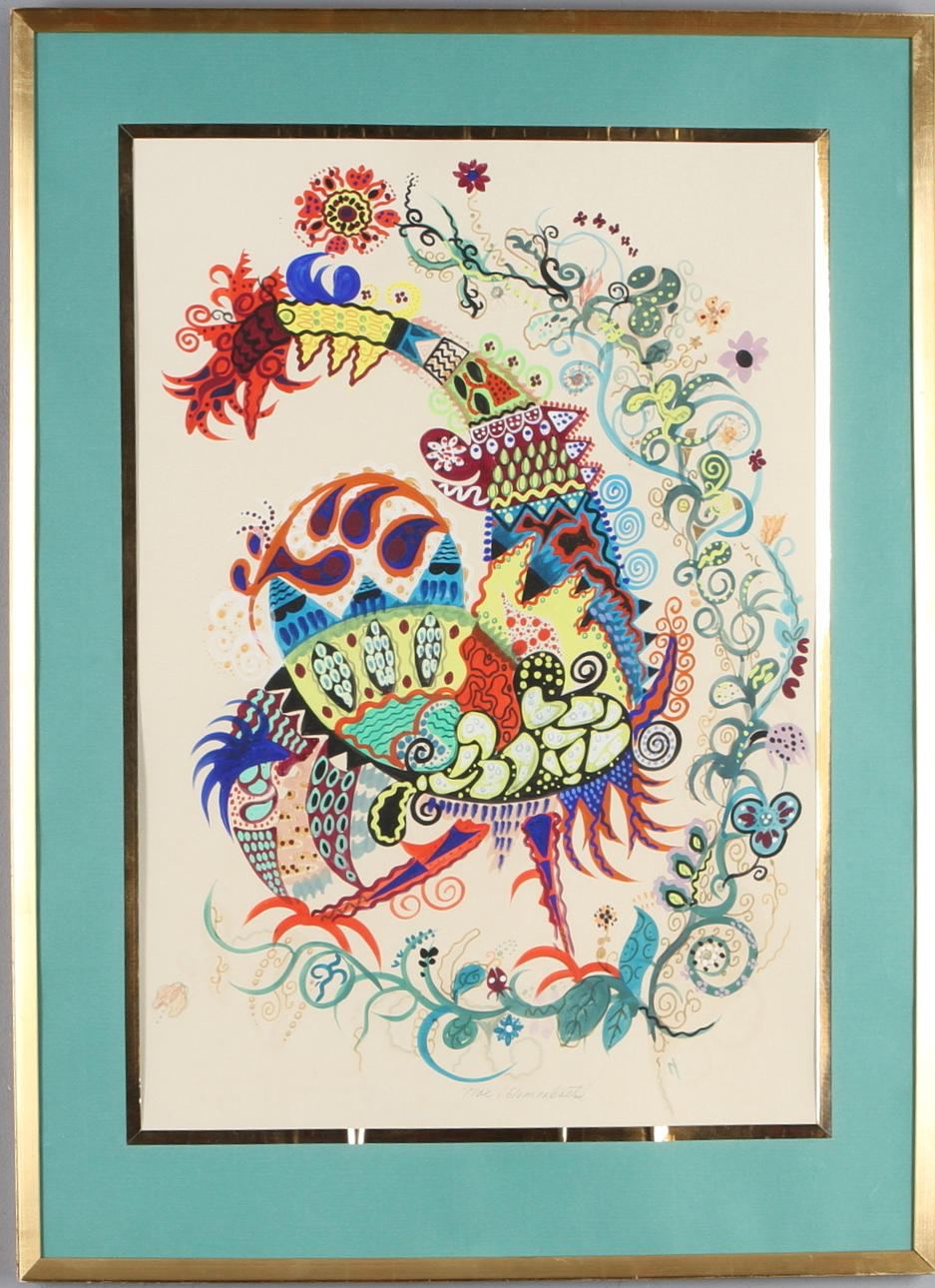 NISSE "RITARN" JONSSON. "Mal i blomrabatten", blandteknik, signerad N.