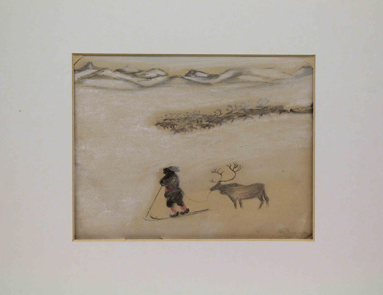 NILS NILSSON SKUM. Same med renar. Blandteknik. Signerad N N Skum 1941.