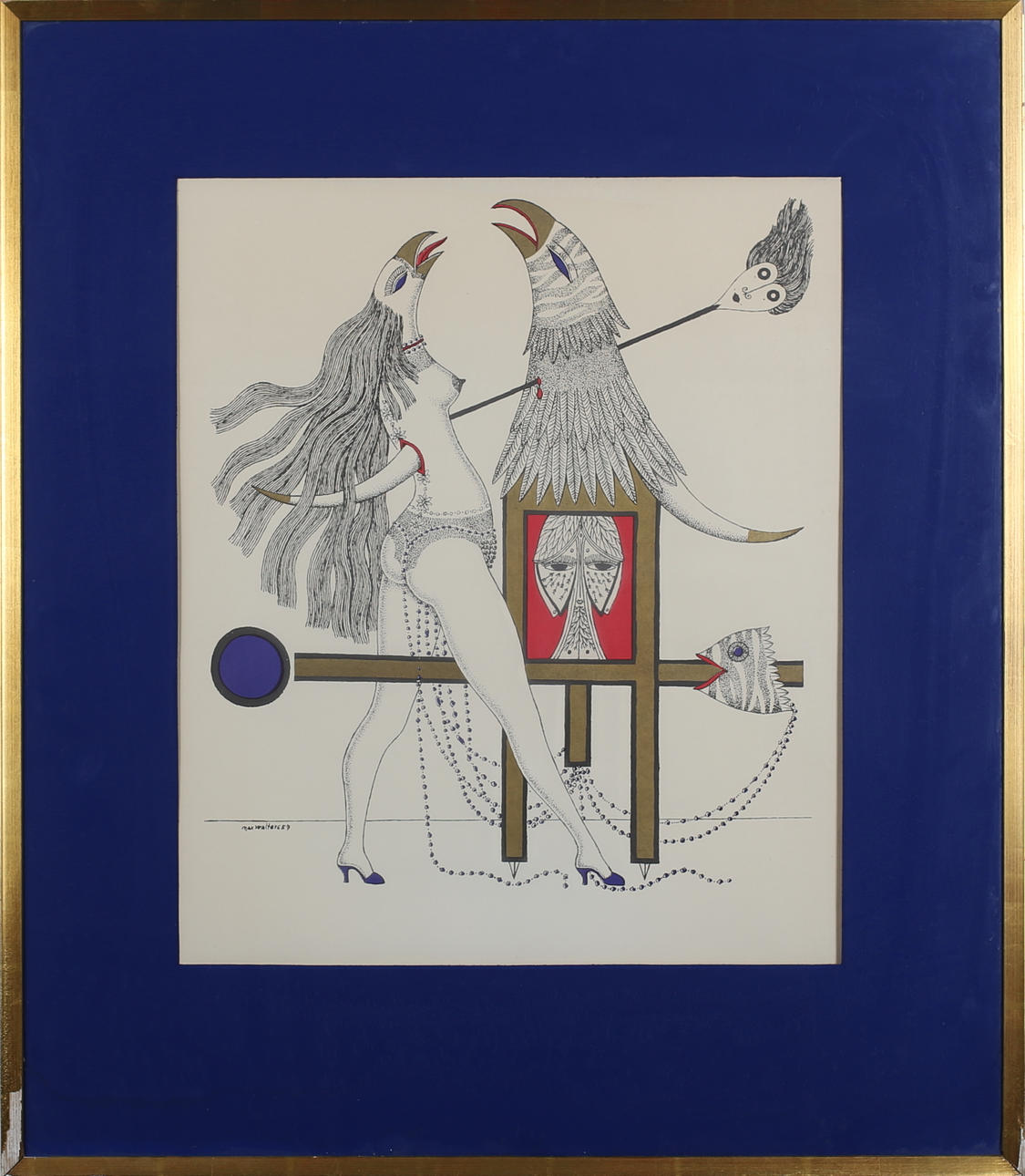 MAX WALTER SVANBERG. Imaginistisk kvinna med fågel. Färglitografi. Signerad Max Walter S och daterad -57 i tryck.