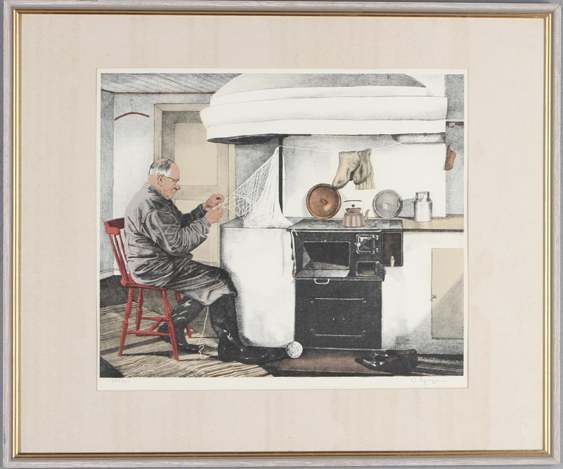REINHOLD LJUNGGREN. Köksinteriör med fiskargubbe, färglitografi, signerad och numrerad 250/310.