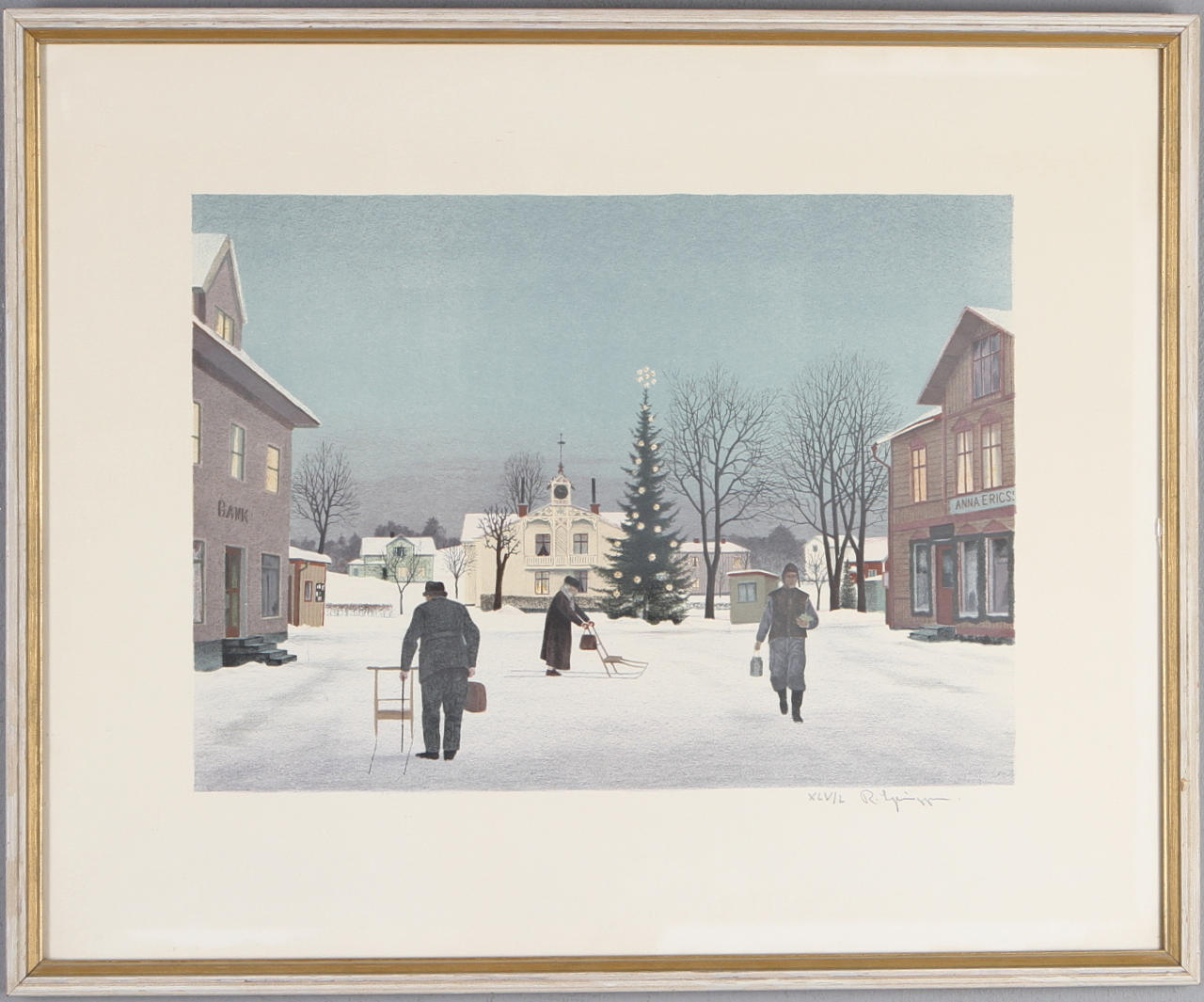 REINHOLD LJUNGGREN. "Decemberkväll vid torget", färglitografi, signerad och numrerad XLV/L.