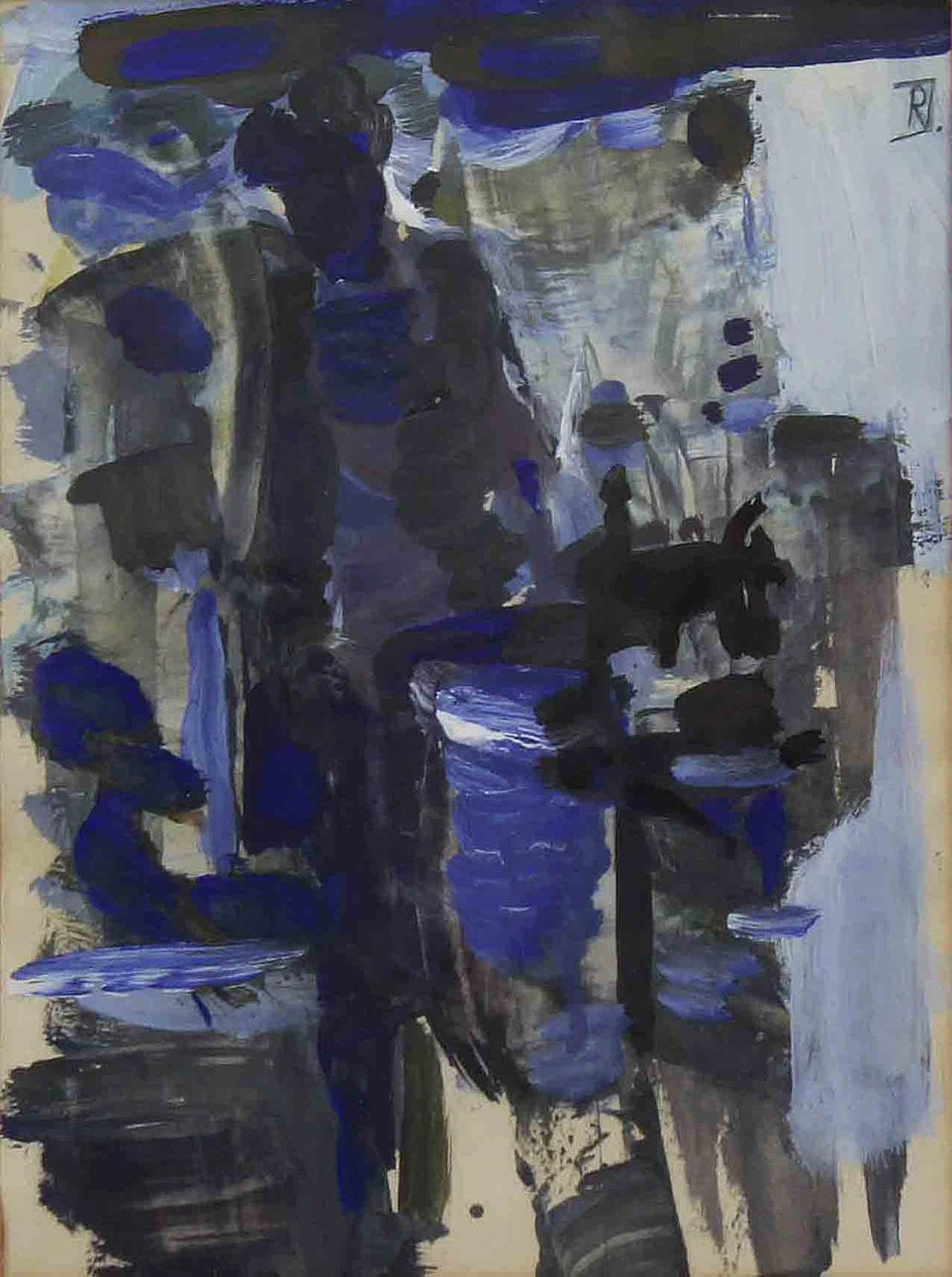 RUNE JANSSON. Blå komposition. Gouache. Monogramsignerad RJ.