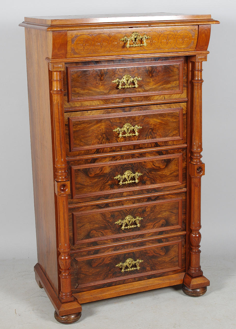 HERRBYRÅ, 6-lådig, mahogny, nyrenässans.