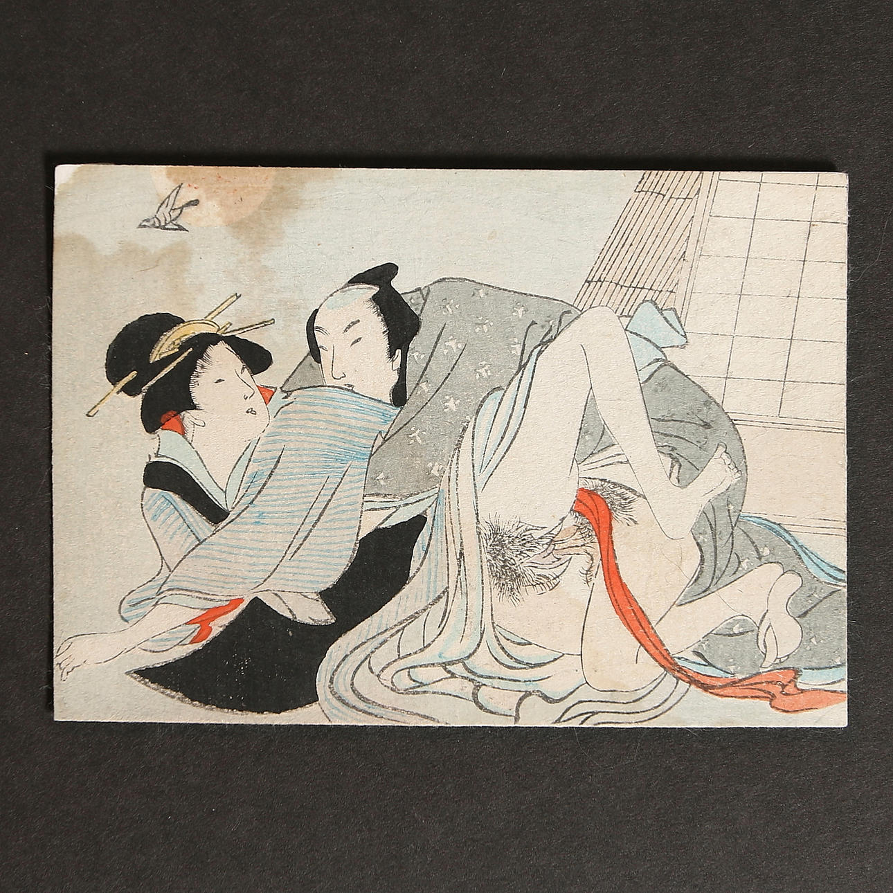 OKÄND KONSTNÄR. Erotiska träsnitt på pergamentpapper, 2 st, Japan. 18/1900-tal.