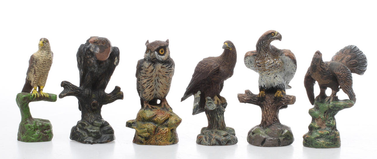 ELASTOLIN LINEOL TIPPLE-TOPPLE 6 FÅGLAR. Örn, uggla, gam, tjäder och falk.