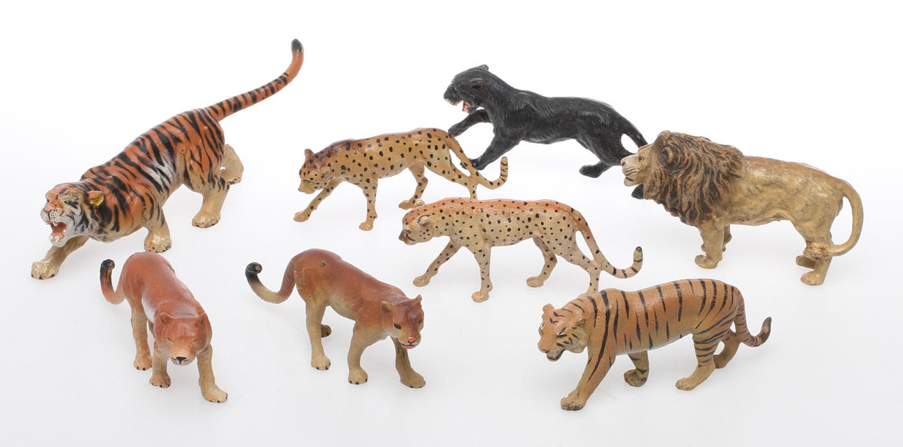 ELASTOLIN 8 Raubtiere. Löwe, Tiger, Gepard und Puma.