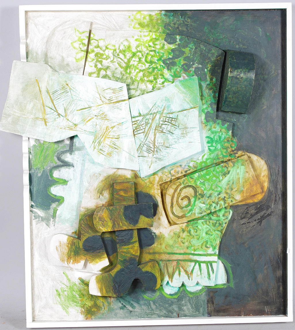 VIDE JANSSON. "Tidningsläsare I", inramad målad träskulptur, monogramsignerad V.J.