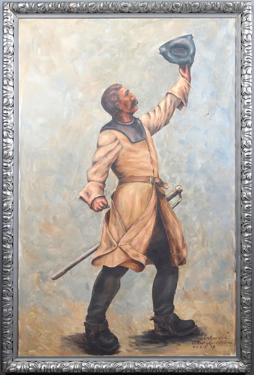 OKÄND KONSTNÄR. Olja på duk, "En Karolin", signerad "LoF -38", kopia av Gustaf Cederström.