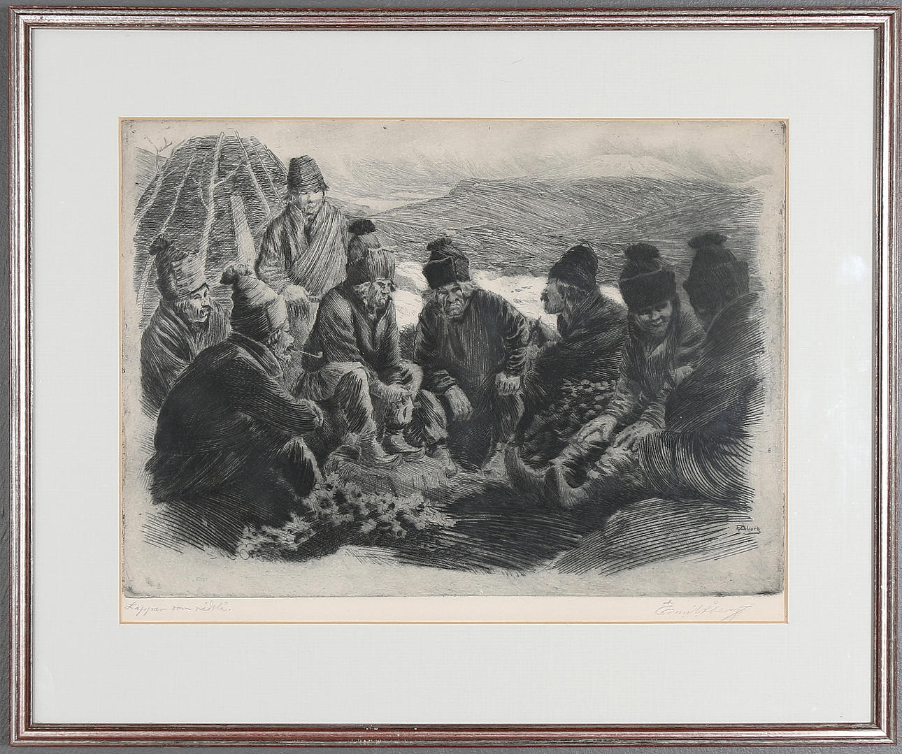 EMIL ÅBERG. Etsning, "Lappar som rådslår", signerad.