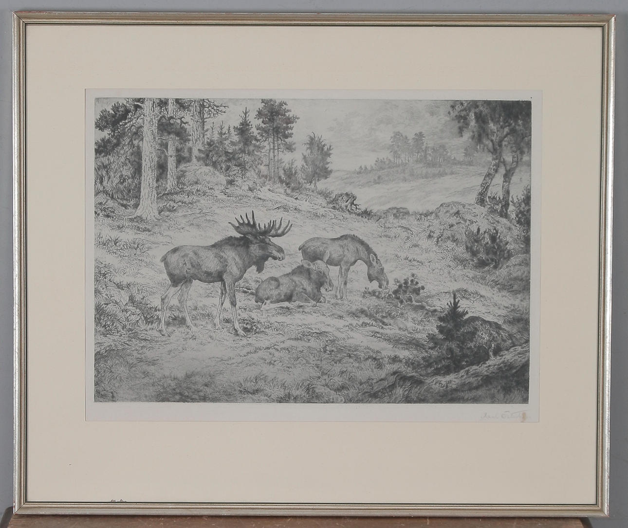 AXEL ÖSTERBERG. Älgar, etsning, signerad.